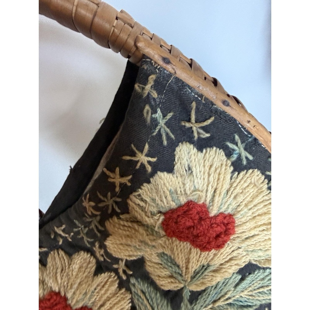 Portugal Embroidered Straw Basket Purse Woven Handle Floral Folk Art Boho VTG - Picture 11 of 15